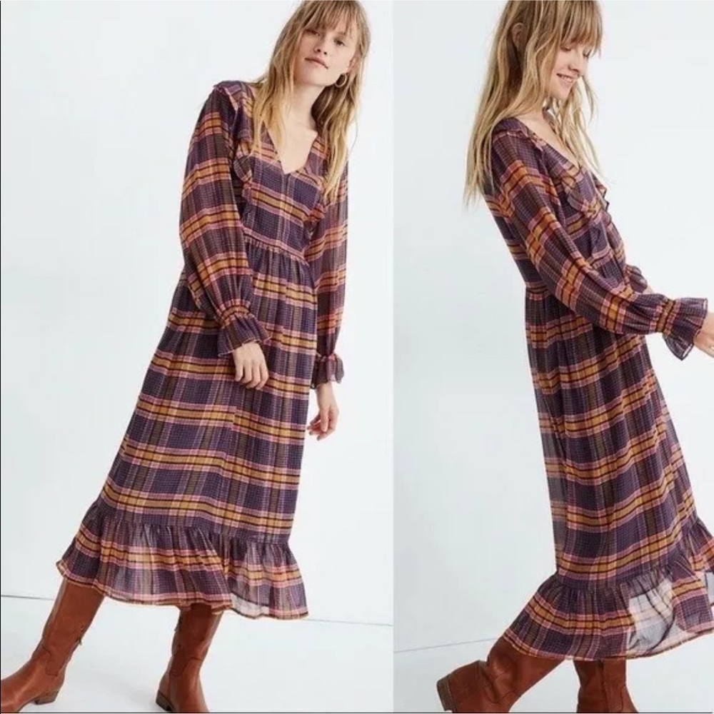 Madewell Plaid Full Sleeve Ruffle Midi Maxi Dress